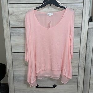 CloudChaser Pink Mixed Media Flowy Layer Tunic Top 3/4 Sleeves Women's Size L